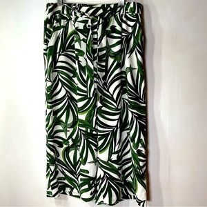Elaine Rose Pants Palm Leaf Palazzo Loose Fit Wide Leg Green White Print size L